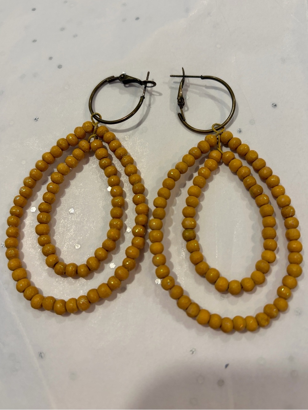 Mustard Color Beaded Double Teardrop Hoop Earrings